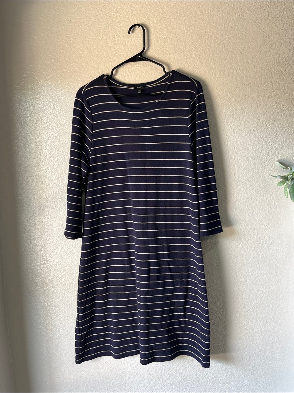 Talbots Navy and Cream Striped Long-Sleeve Shift Dress Sz XL Office Casual